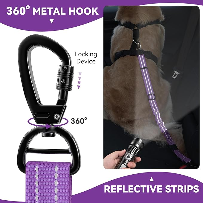 Pawaboo 2Pack Dog Seatbelt for Car, Dog Car Seat Belt Bungee, Shockproof Dog Tether for Car with Buckle & Hook Latch, Adjustable Reflective Dog Car Harness Leash with 360° Lockable Buckle, Purple