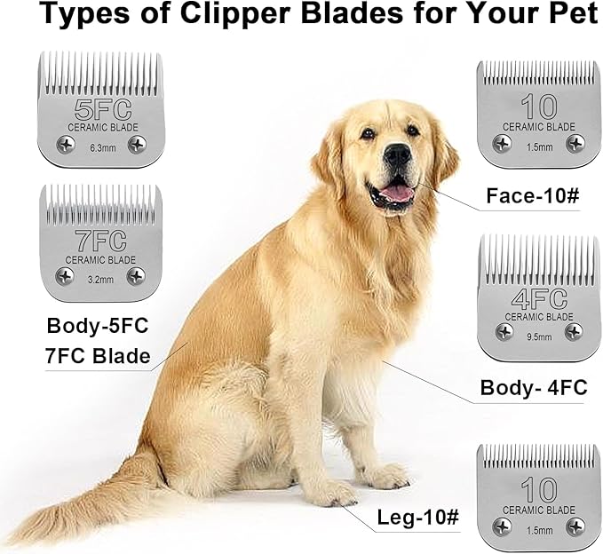 Size10/ 7FC/5FC/4FC Detachable Pet Dog Clipper Blades, Compatible with Most Oster A5, KM Series Clippers,Made of Ceramic Blade & Stainless Steel Blade 5PACK