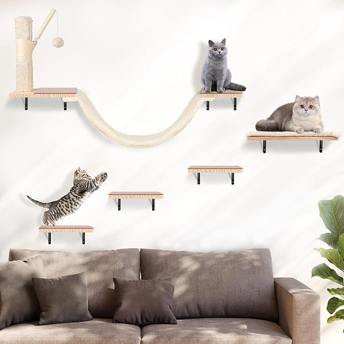 Wall Mounted Cat Climber Set, Cat Wall Shelves,Cat Wall Furniture Set,with Hammock,Jumping Boards,Sofa,Steps,Scratching Post,Hanging Ball and Felt Pads, Suit for Cats Climb, Jump,Scratch-Beige