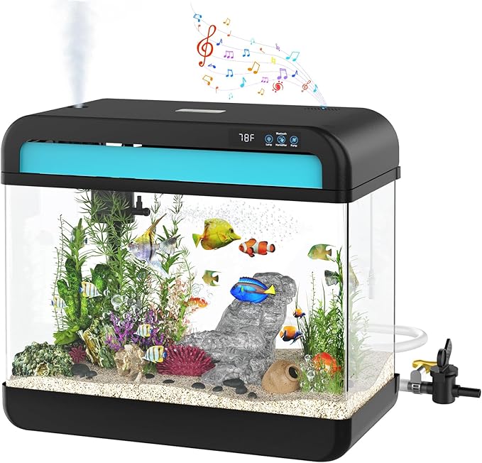 Fish Tank Aquarium 6.3 Gallon Fish Bowl with Music Humidifier 7 Color Auto-Looping Light Adjustable Quiet Pump, Temperature Display, Bottom Water Changer, HD Float Glass, Leak-Proof Thickened Base