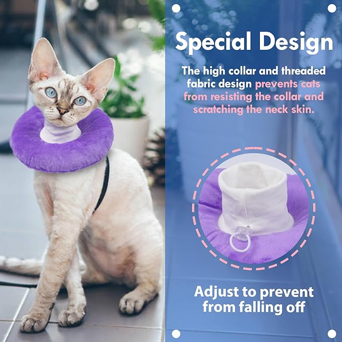 Lightweight Soft Cat Cone After Surgery, Adjustable Donut Collar with Drawstring Buckle, Scratch Resistant, Machine Washable, Suitable for Head/Foot Wounds Recovery, Purple Large