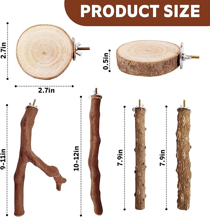 7-Piece Bird Perch Set: 3 Grapevine Paw Grinding Forks, 2 Wood Stands & 2 Hammocks - Cage Accessories for Parakeets, Cockatiels, Conures, Budgies