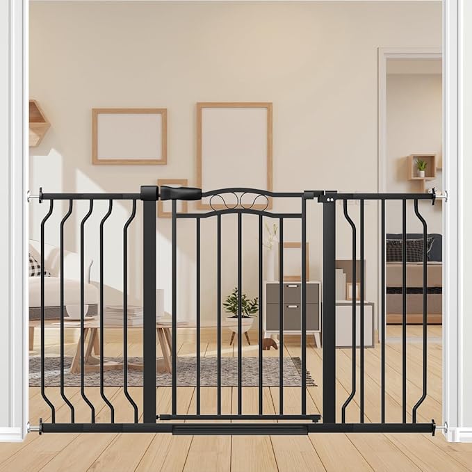 29.5-53.1" Extra Wide Baby Gate for Stairs No Drilling, 30" Tall Auto Close Press Mounted Baby Gate for Doorways, Adjustable Width Walk Through Dog Gates for Doorways, Black