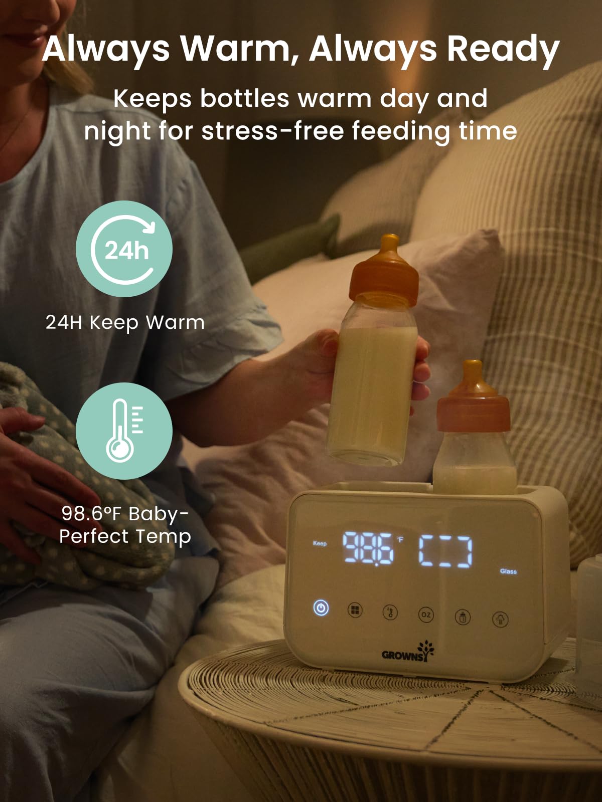 Baby Bottle Warmer, Grownsy 8-in-1 Fast Milk Warmer with Timer Breastmilk or Formula, Fits 2 Bottles, Accurate Temperature Control, with Defrost, Sterili-zing, Keep, Heat Baby Food Jars Function