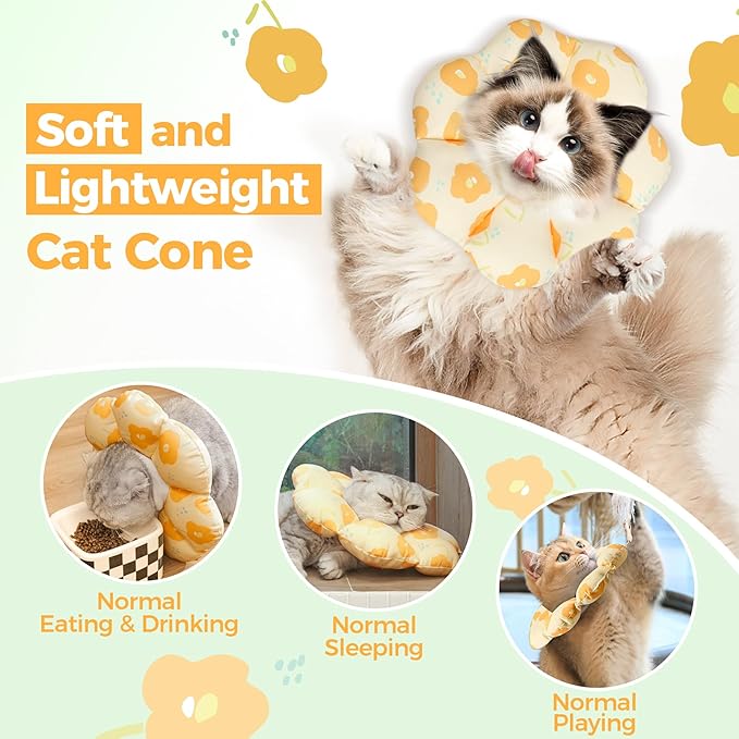 ComSaf Cat Cone Collar Soft - Cat E Collar Cones to Stop Licking, Recovery Elizabethan Collar for Cats After Surgery, Soft Cone for Medium Cats, Waterproof & Lightweight, Yellow Flower, M