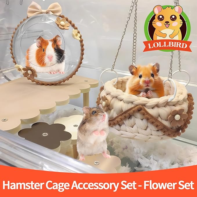 4-Pack Wooden Rat Cage Accessories - Platforms, Ladders & Hammocks Set for Chinchillas, Hamsters, Gerbils (for Iron/Wooden, Acrylic Hamster Cages + Customizable Layout) (9.1x5.6x4.3)