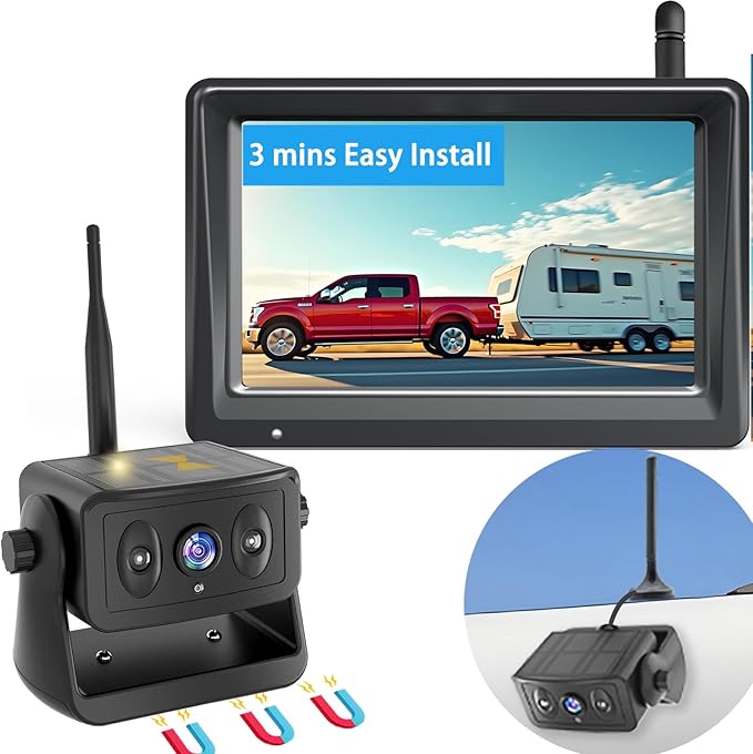 Wireless Backup Camera for Trucks & RVs, Solar - Powered - Magnetic, Portable, No - Drill, No - Wire Easy Install, Night Vision, Rechargeable with 5" HD Monitor systems for Car, Camper, Trailer