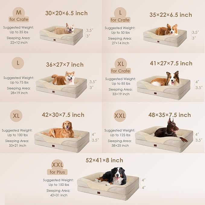 EHEYCIGA Memory Foam Dog Bed for Large Sized, Orthopedic Dog Sofa with Sides and Waterproof Liner, Washable Bolster Pet Couch with Removable Cover, 41x27x7.5 Inch, Beige
