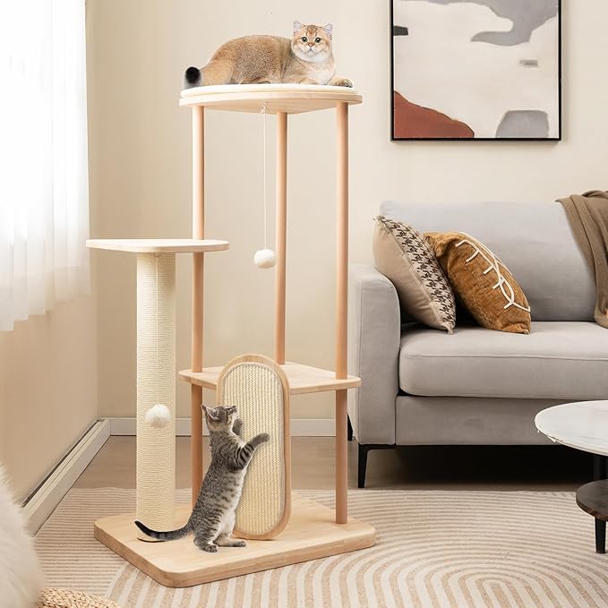 Tangkula Wood Cat Tree for Indoor Cats, Multi-Level Modern Cat Tower with Sisal Scratching Board & Post, Padded Perch, Platform, Hanging Toy, Minimalist Kitten Activity Center for Small & Medium Cats