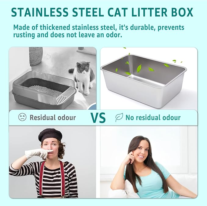 Stainless Steel Litter Box -6in High Side,Metal Litter Box for Cat/Kitty/Rabbits 17" L x 13.8" W x 6" H，Stainless Steel Cat LitterBox-Metal PanToilet,No Smell, Non Stick, Easy Clean.
