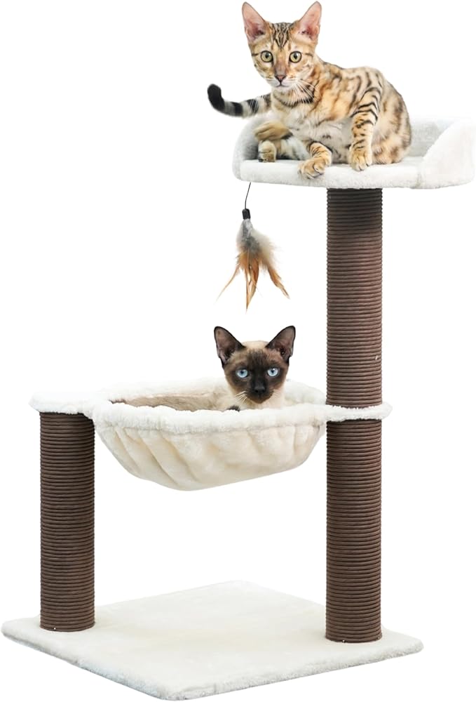 Catry Nirvana 3-Level Kitten Tree with Plush Perch, Soft Hammock, and Paper Rope Scratching Posts, Minimalist Cat Furniture for Climbing, Scratching & Resting, Ideal for Kittens & Small Cats, Beige