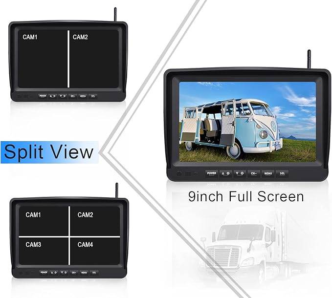 9" Wireless Backup Camera System for RV Truck Trailer Camper, 9 Inch DVR Quad Split Monitor IP69 Waterproof HD 1080P Wireless Rear Side View Cameras, Stable Signal Observation System - B904