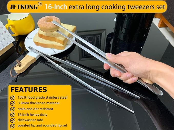 JETKONG 2 Pcs 16-Inch Kitchen Tweezers Extra Long Tweezer Tongs, Heavy Duty Stainless Steel Cooking Tweezers (Silver)