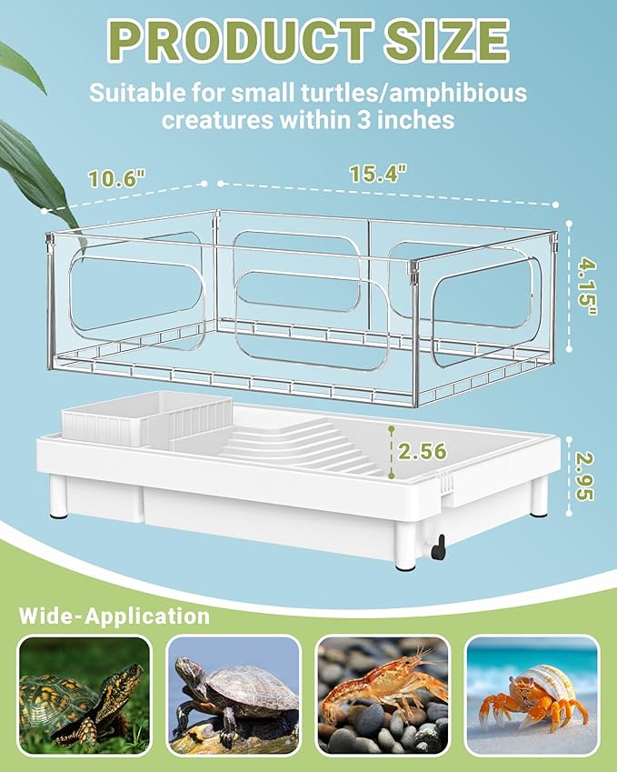 GOZILLA Small Turtle Tank, Acrylic Turtle Tank Starter Kit, Reptile Habitat and Terrarium with Multi-Functional Areas for Tortoise, Crab, Crayfish, Small Reptile.(Black Tank)