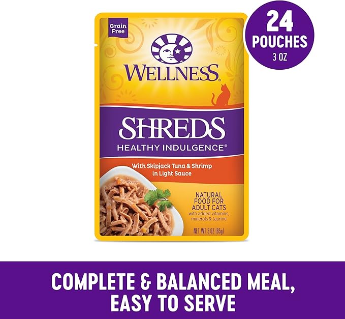 Wellness Healthly Indulgence Shreds Adult Wet Cat Food, Natural, Protein-Rich, Grain Free, 3 Ounce Pouch, 24 Pack, (Tuna & Shrimp)