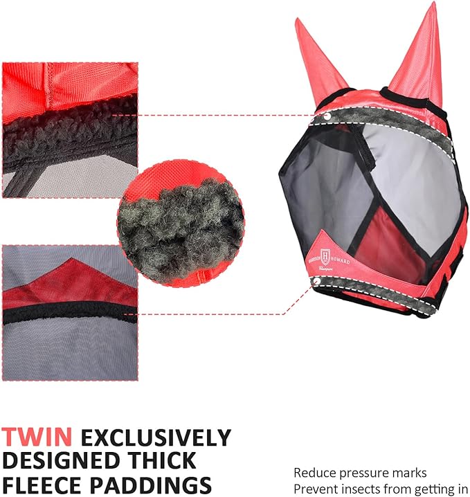 Harrison Howard Pro Luminous Horse Half Face Fly Mask Large Eye Space with Ears UV Protection for Horse Coral Orange XL