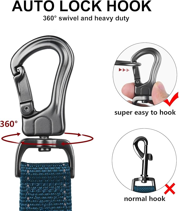 TwoEar 5FT 1IN Strong Blue Dog Leash with 2 Padded Handles, Traffic Handle Extra Control, Comfortable Soft Dual Handle, Auto Lock Hook, Reflective Walking Lead for Small Medium and Large Dogs