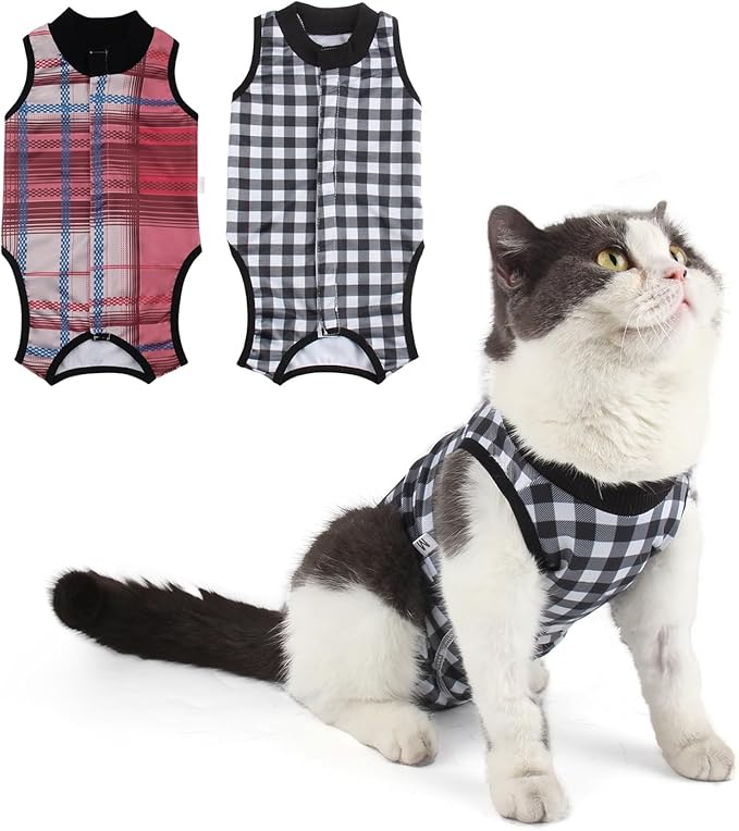 2 Packs Cat Surgery Recovery Suit Surgical Clothes Abdominal Wounds Anti-Licking Cat Bodysuit Onesie Substitute E-Collar& Cone