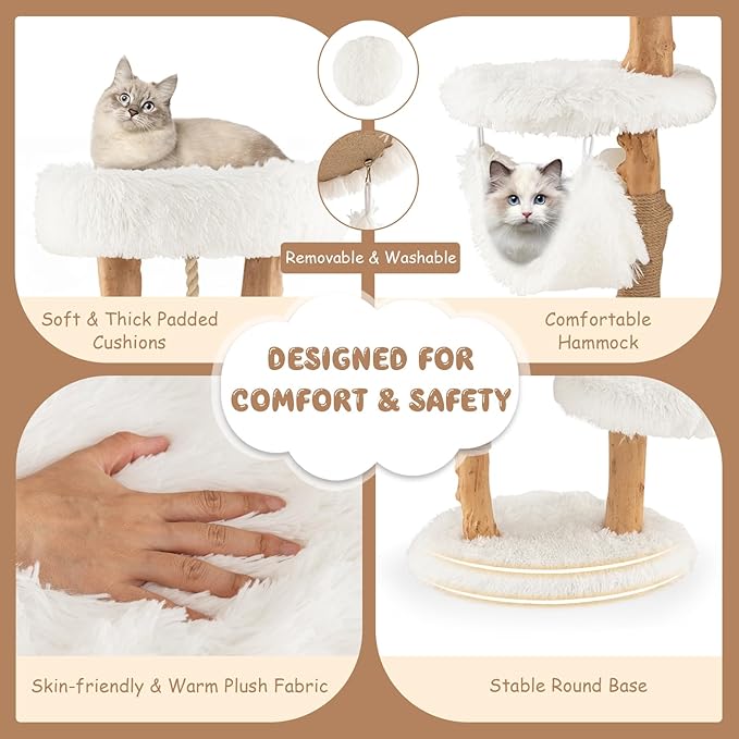 Tangkula Cat Tree Tower, Solid Wood Modern Cat Tower with Cozy Top Perch, 2 Platforms & 1 Hammock, Natural Branch Cute Cat Tree with Scratching Posts & Sisal Rope for Indoor Cats
