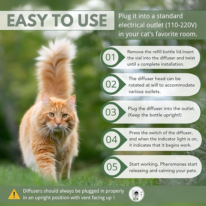 Cat Calming Pheromones Diffuser Kit with Timer – 2 Plug-Ins + 4 Refills (48ml) – 4-Level Timing – Stress Relief for Cats – Helps with Hiding, Scratching, Urine Marking, Travel, Vet Visits