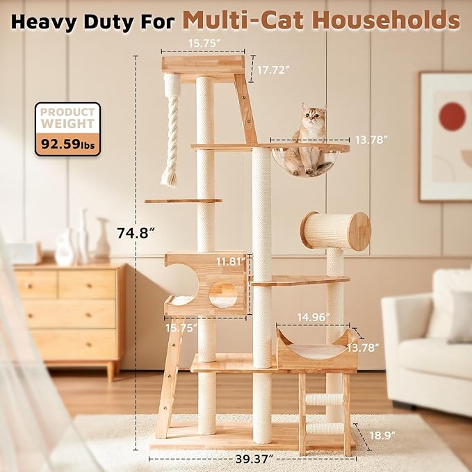 Wood Cat Tree for Indoor Cats, Modern Cat Tower, Unique Cat Condo with House, Tall Luxury Furniture with Heavy Duty Wide Base, Kraft Paper Rope Scratching Post, Removable Cushion (74.8-inch)