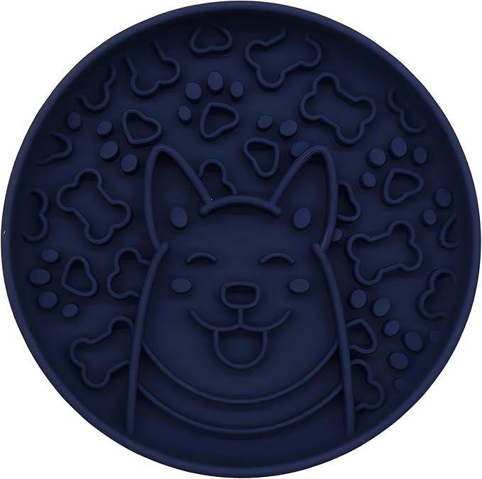 Silicone Dog Slow Feeder Bowl, Non-Slip Suction Cup Design, Puppy Pattern Eating Slowly and Funny,Applicable for All Dogs (Navy Blue)