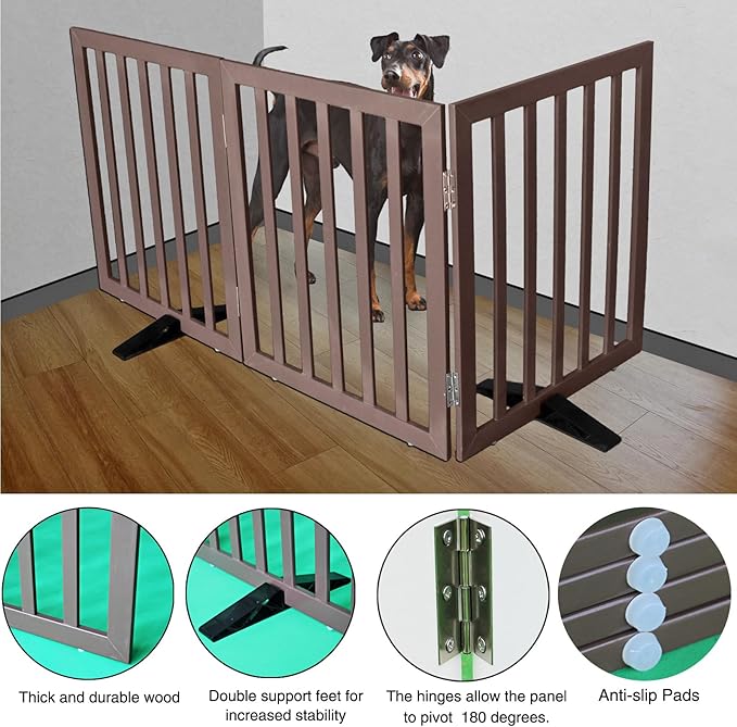 ZJSF Freestanding Indoor Dog Gate for House Foldable Wood Puppy Gate for Doorways Pet Gate for Stairs Extra Wide Pet Fence, Brown, 24" Height 3 Panels