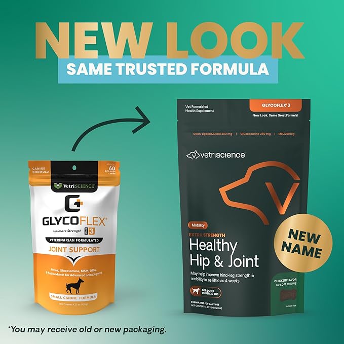 VetriScience Glycoflex 3 Clinically Proven Hip and Joint Support Supplement for Small Dogs - Maximum Strength Dog Supplement with Glucosamine, MSM, Green Lipped Mussel & DMG - 60 Chews,Chicken Flavor