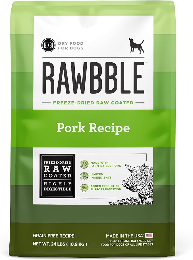 BIXBI Rawbble Dry Dog Food, Pork, 24 lbs - USA Made with Fresh Meat - No Meat Meal & No Corn, Soy or Wheat - Freeze Dried Raw Coated Dog Food - Minimally Processed for Superior Digestibility