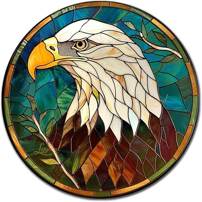 Lygond Metal Sign Tin Sign Circular Stained Glass Bald Eagle Kitty Decor for Club 12×12 Inches