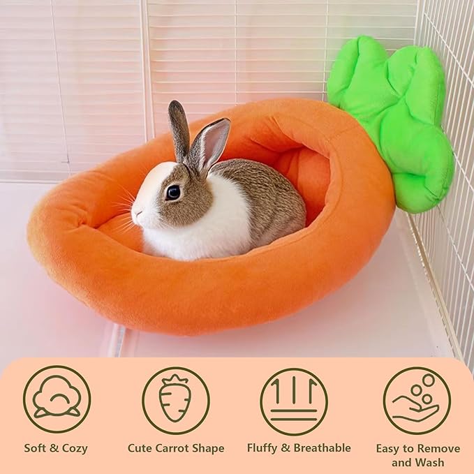 Rabbit Bed,Thick&Soft Bunny Bed with Removable Cushion,Machine Washable with Rattan Mat & Heart Decor,Cozy Warm Small Animal Sleeping Beds (Carrot Shape-L)