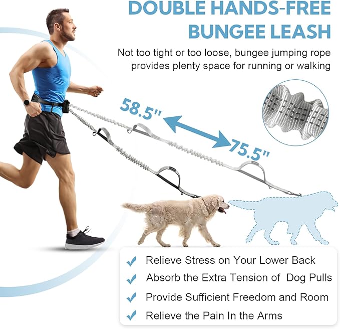 Hands Free Dog Leash, Adjustable Waist Belt with Double Padded Handles, Retractable Bungee for Medium & Large Dogs, Waist Leash for Dog Walking, Running, No Pull, Grey