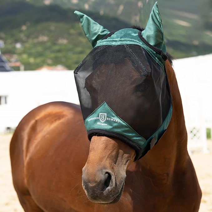 Harrison Howard Pro Luminous Horse Half Face Fly Mask Large Eye Space with Ears UV Protection for Horse Hunter Green M