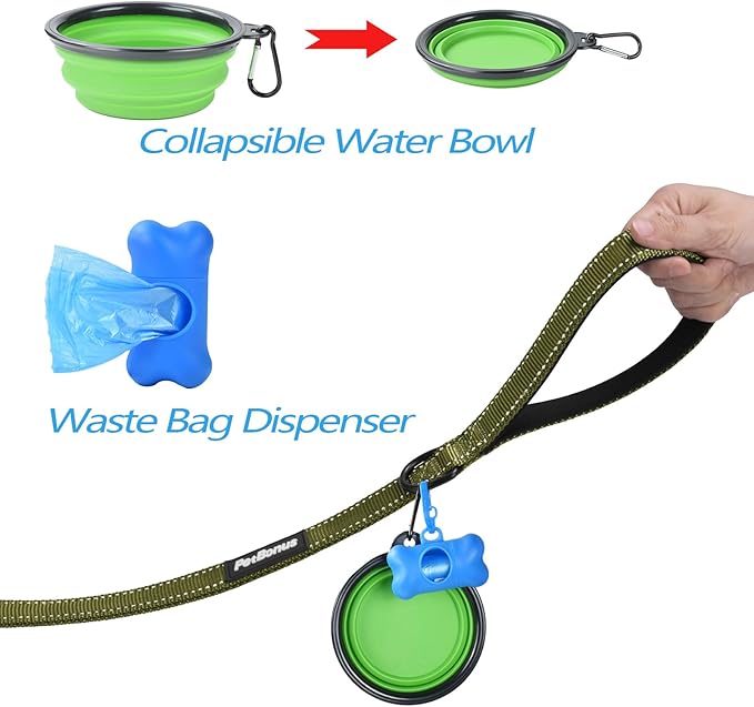 PetBonus Double Dog Leash, No Tangle Dual Leash, Reflective Walking Training Lead, 4 Comfortable Padded Handles for 2 Dogs with Collapsible Bowl and Waste Bags (Army Green, Large)