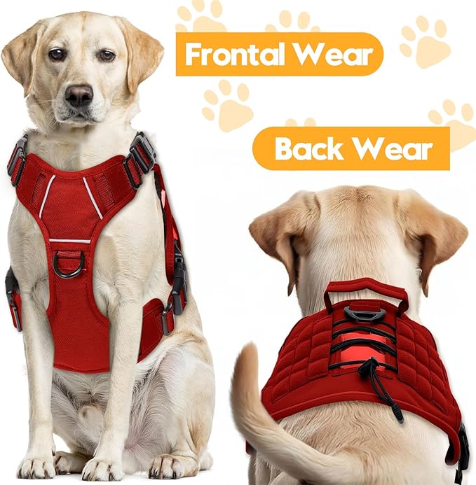 Heavy-Duty Tactical Dog Harness for Large Dogs, No Pull Adjustable Reflective Pet Vest with Molle System, K9 Military-Grade Control for Service Training, Outdoor & 10+ Breeds, Red, XX-Large