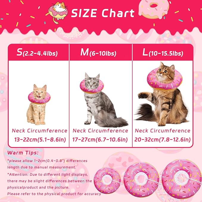 Cat Cone Soft Collar, Adjustable Cat Recovery Collars Kitten Cones to Stop Licking, Cute Donut Neck Collar After Surgery, Elizabethan Kittens Protective Cones After Spay (Donut Pink, Medium)