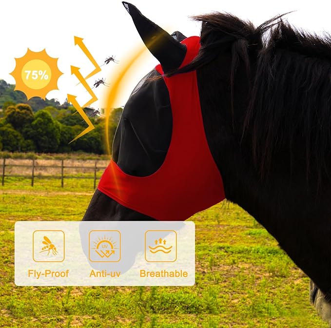 2 Piece Horse Fly Mask with Ears, Comfortable Fit Stretch Fabric Big Eye Space Soft Breathable with UV Protection for Full Horses (Red-Black)