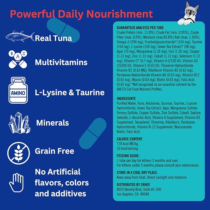 Lickable Cat Treats -Real Tuna Multivitamin Puree with Lysine & Taurine for Indoor Cats | Grain-Free, Squeeze Tube (12 Pack)