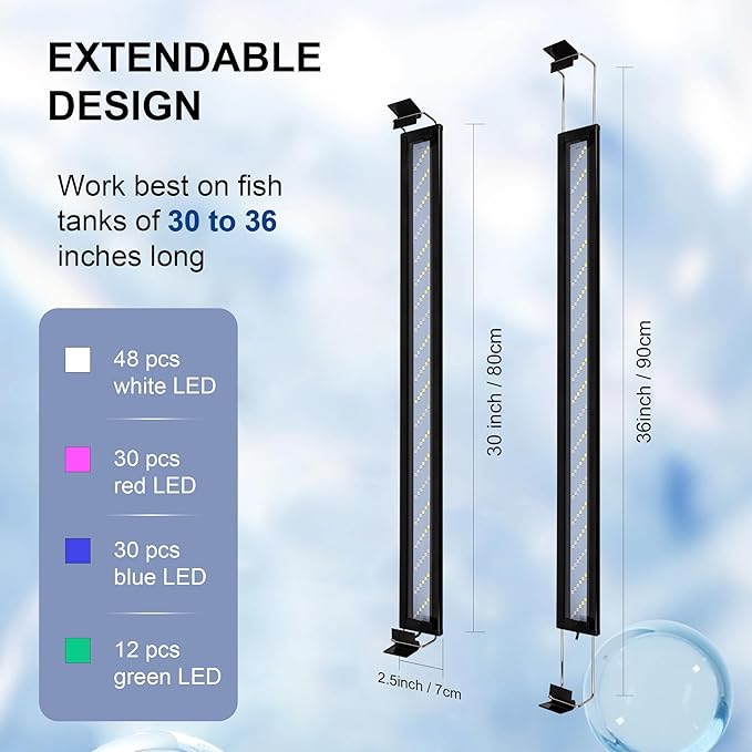 Led Aquarium Light, Full Spectrum Fish Tank Lights, 40 Gallon Freshwater Fishtank Hood Lighting for Grow Fish, Plants, Adjustable from 30 to 36 Inch