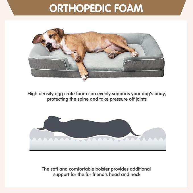 Dog Beds for Large Sized Dogs,Washable Orthopedic Memory Foam Dog Couch Sofa Bed with Bolster,Removable Cover,42x30Inch,Grey