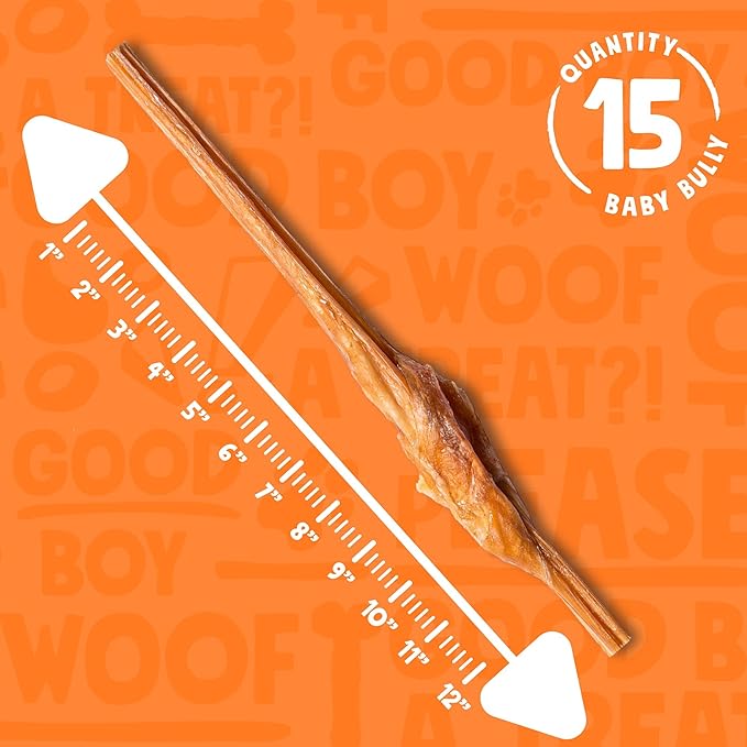 Junior Bully Sticks for Small Dogs | All Natural, Single Ingredient Bully Sticks for Puppies to Medium Dogs (12 Inch - 15pk)