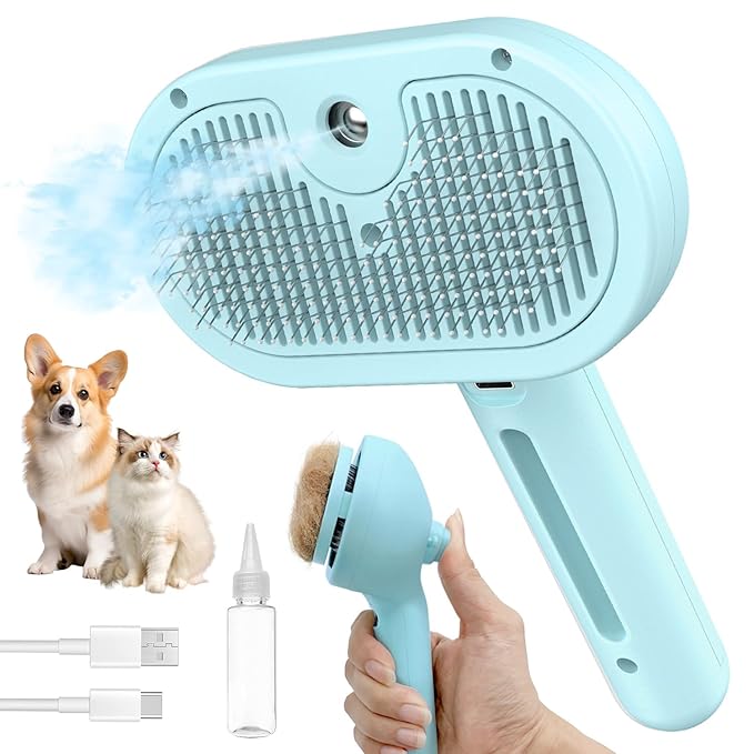 Spray Cat Brush for Shedding, Static & Tangled Hair - Self Cleaning, Long & Short Hair Pets Grooming Brush (Blue)