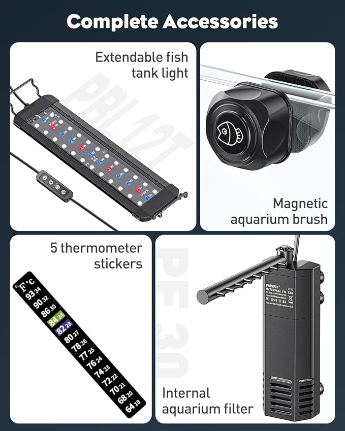 Pawfly 5 Gallon Fish Tank Ultra Clear Rimless Glass Aquarium Kit with Extendable LED Light Internal Filter Magnetic Brush & Thermometer Stickers Rectangular Glass Fish Tank Kit for Betta Shrimp Plants