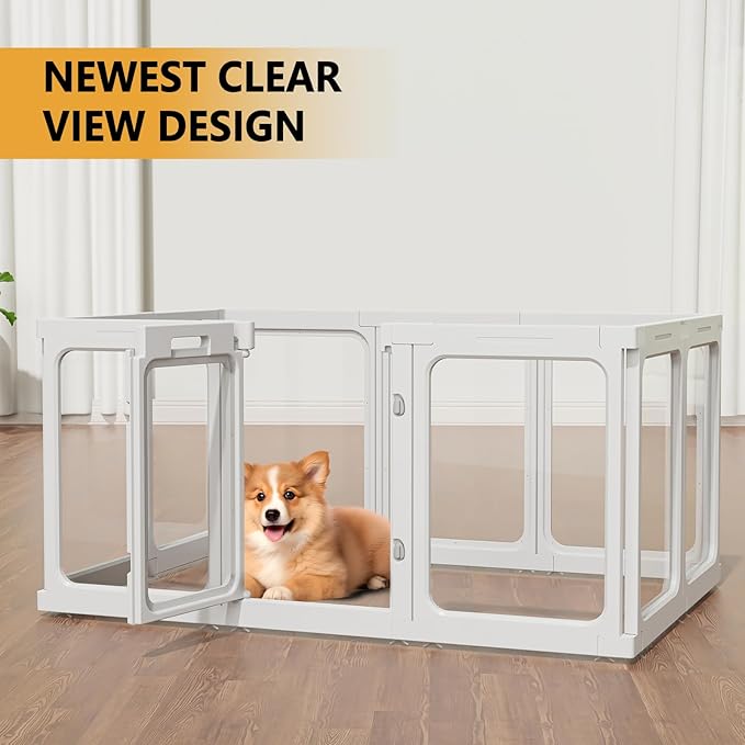 Clear Acrylic Dog Playpen with Door, for Puppy Cat Rabbit Transparent Pet Pen, Dog Playpen Indoor, Dog Fence, Easy Assemble & Cleaning Dog Pen for Small & Medium Dogs (23.6“ Height, 14PCS)
