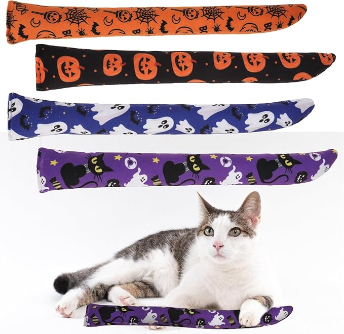 EXPAWLORER Halloween Cat Toys, 4 pcs Soft Pillow Catnip Toys with Bells Inside, Interactive Bite Resistant Fish Shape Kicker Toys for Indoor Kitten Playing