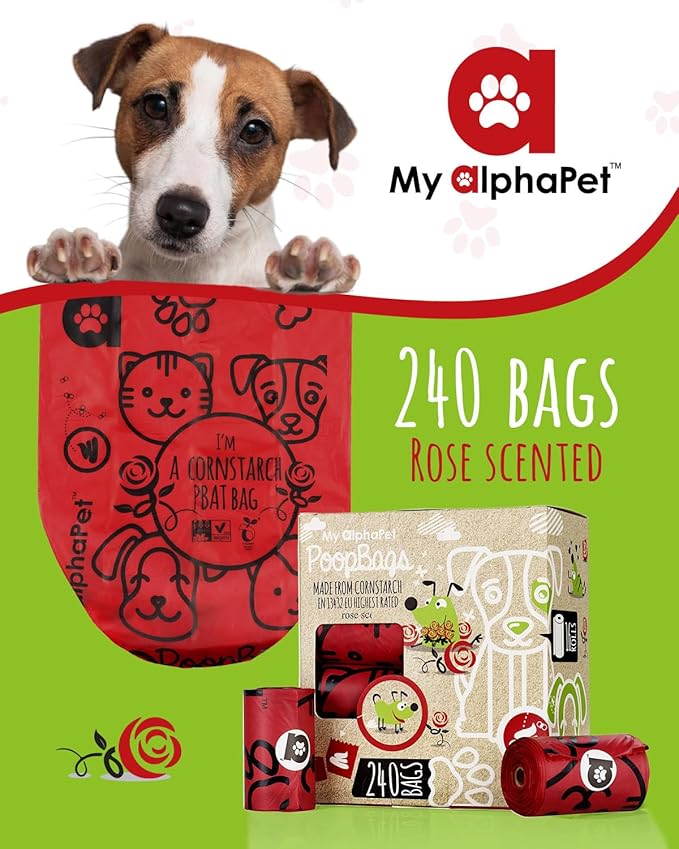 Compostable Dog Poop Bags, Cornstarch Eco-Friendly, HOME COMPOST NF T 51-800, 240 Count, Large Size Bag 9x13 Inches, 16 Unscented Refill Rolls, Leak-proof, Plantbased, GM-Free Corn (Red)