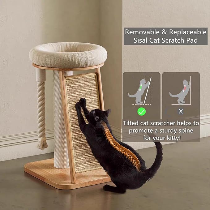 SHENGOCASE Modern Natural Wood Cute Multifunctional Cat Tree Tower Small, Large Sisal Scratching Post, Tilted Angled Ramp Scratcher, Climbing Rope Toy and Cuddle Bed