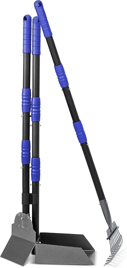 Heeyoo Dog Pooper Scooper, Dog Poop Tray and Rake Set, Pet Waste Removal Scoop with Long Adjustable Sectional Stainless Handles