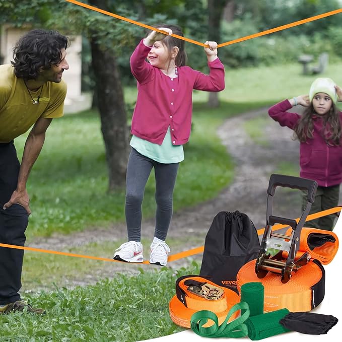 VEVOR Slackline Kit with Training Line, 60 ft Backyard Slack Line Equipment, Easy Setup Tight Rope for Kids Adults, Complete Slackline Set with Tree Protectors, Arm Trainer, Carry Bag, and Instruction