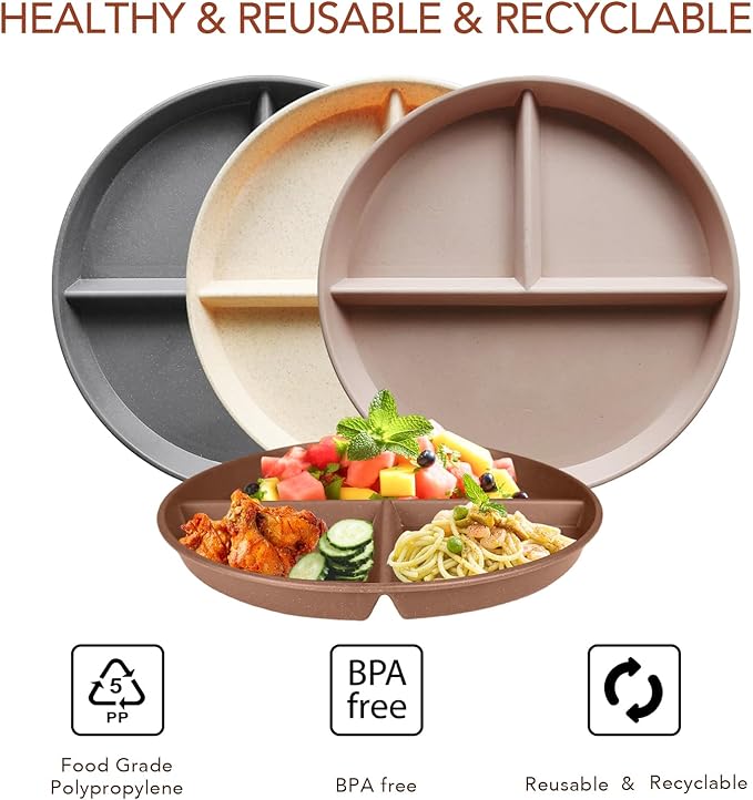 greenandlife 9 Inch 4PCS Unbreakable Portion Control Plates, Divided Plates for Kids Adults, Dishwasher & Microwave Safe Compartment Plate, Lightweight Reusable Wheat Straw Plate, BPA Free
